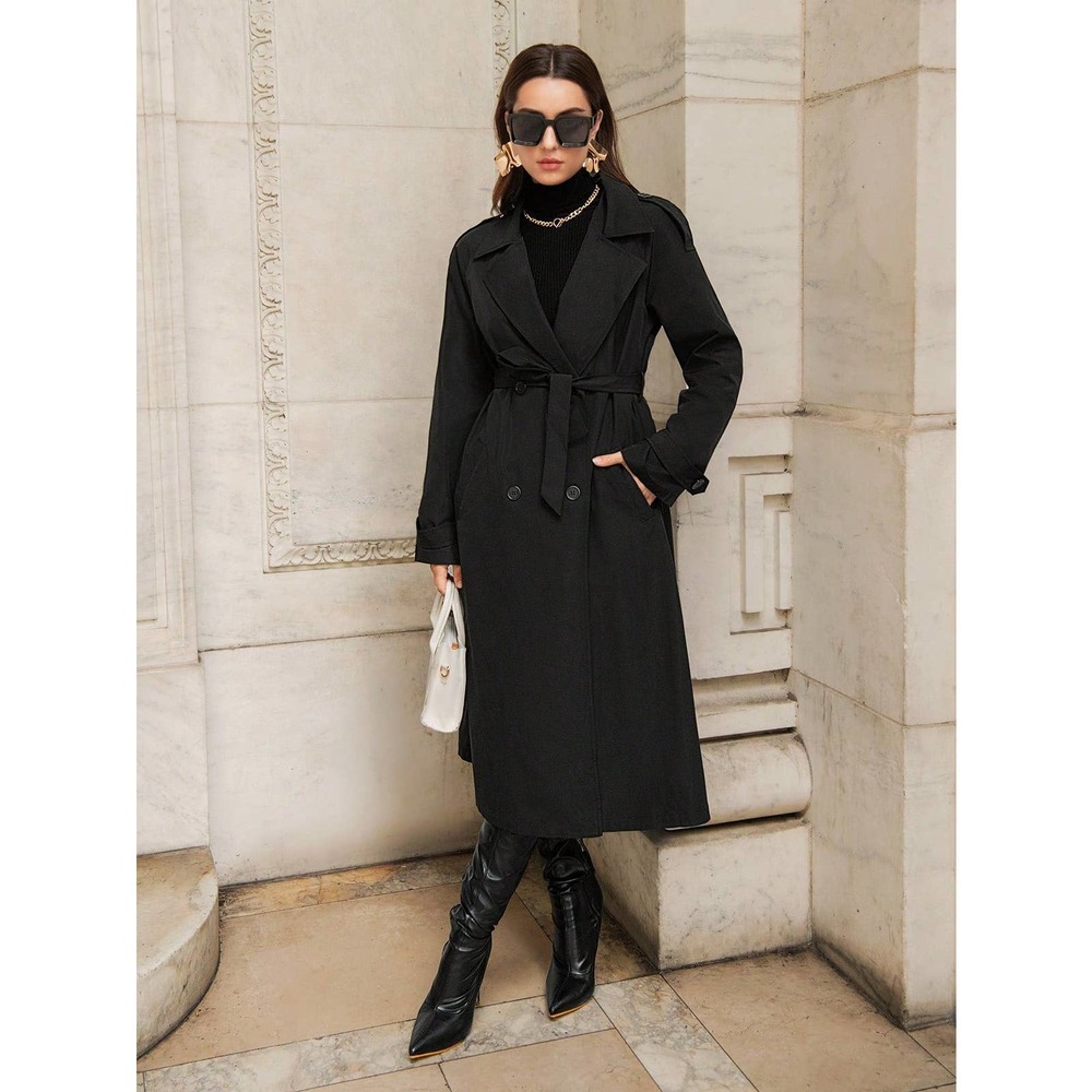 Double Breasted Belted Trench Coat long black - Picture 5 of 6